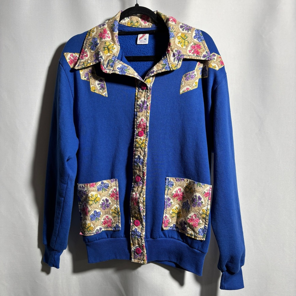VTG Blue Cardigan Floral Trim Upcycled Gma‎ Core Sweatshirt Womens USA Made M